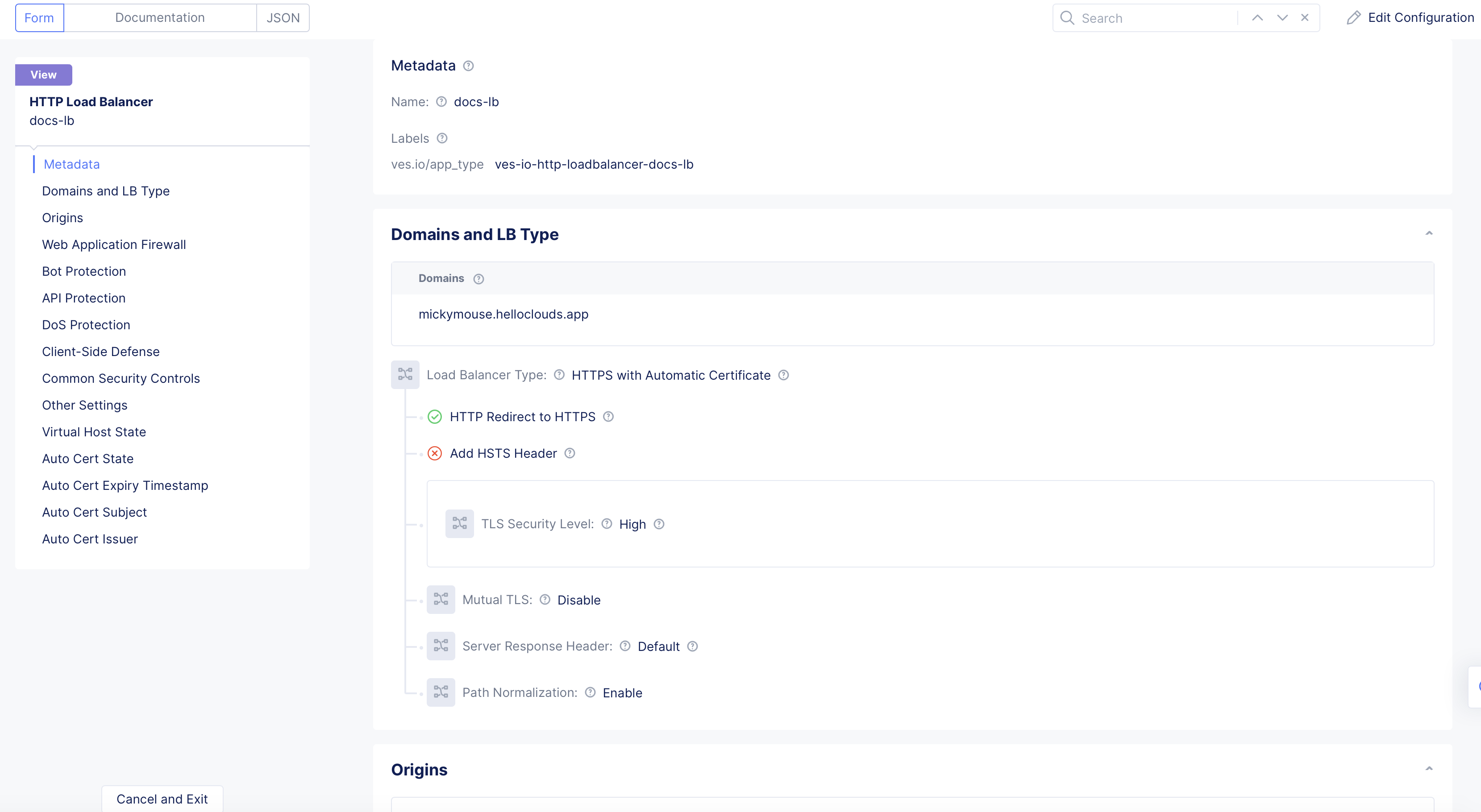 Figure: Load Balancer Edit Configuration