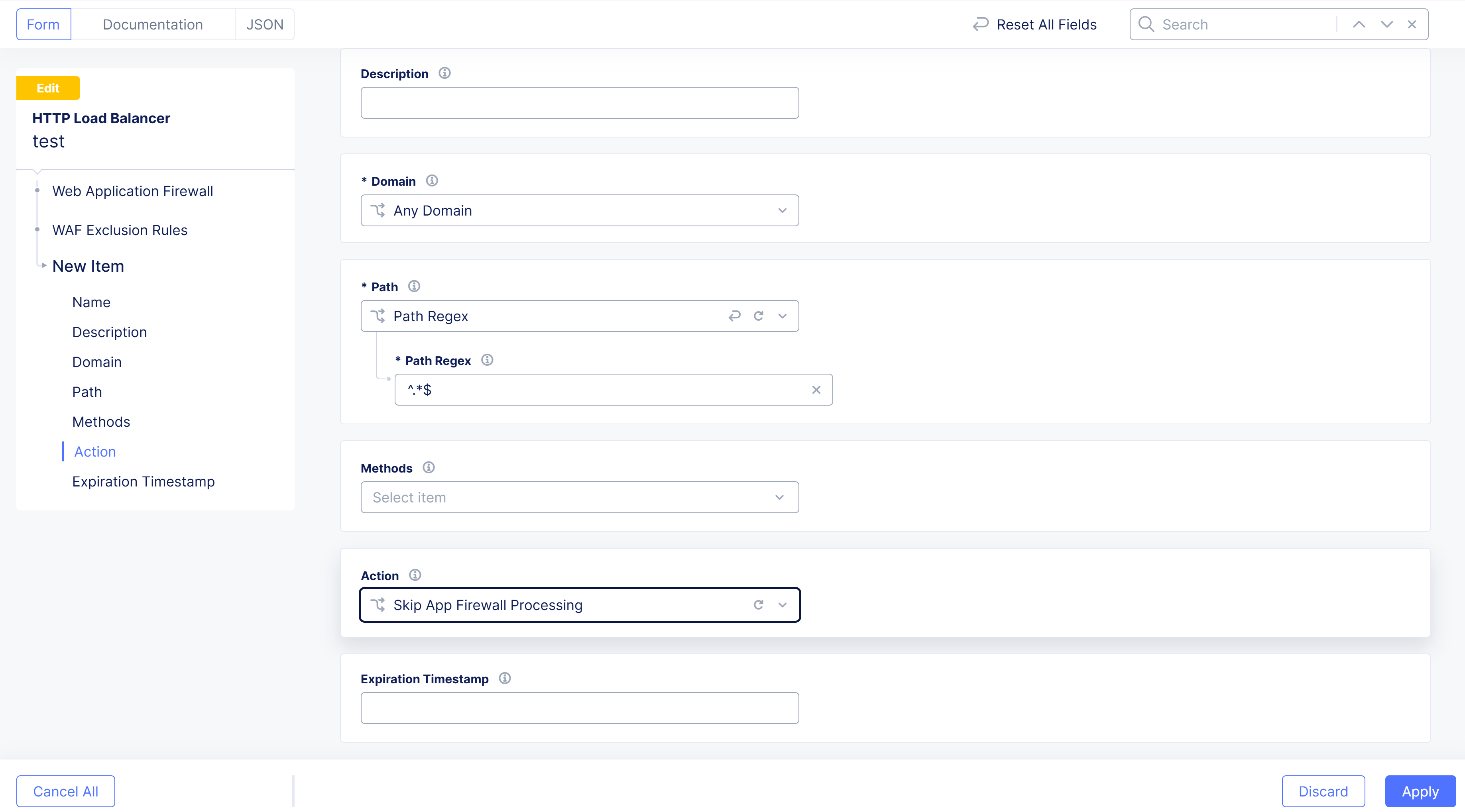 Figure: Enable Skip WAF Processing