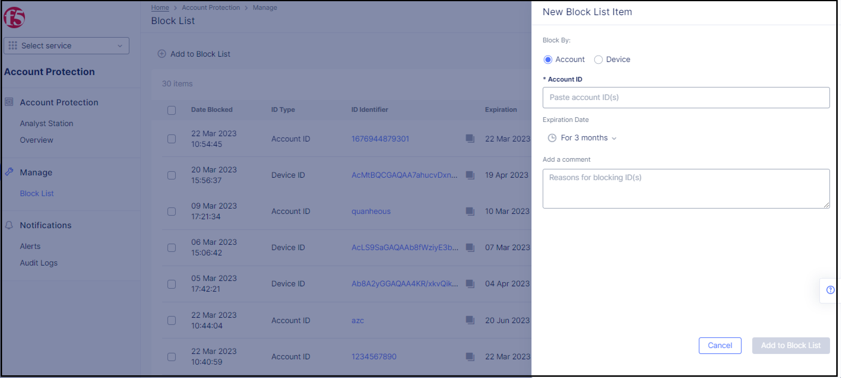 Figure: Adding an ID to the Block List